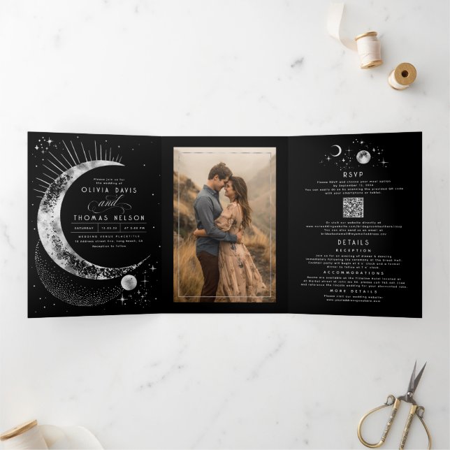 Crescent Moon Sun Halo Celestial Wedding Photo Tri-Fold Invitation (Inside)