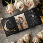 Crescent Moon Sun Halo Celestial Wedding Photo Tri-Fold Invitation<br><div class="desc">This romantic tri-fold wedding invitation combines personal photographs with a unique cosmic and mystical theme ("Under the Stars, " "To the Moon and Back, " or "Written in the Stars, ") offering a seamless integration of your wedding invitation, details, and RSVP in a single, elegant package. You also have an...</div>