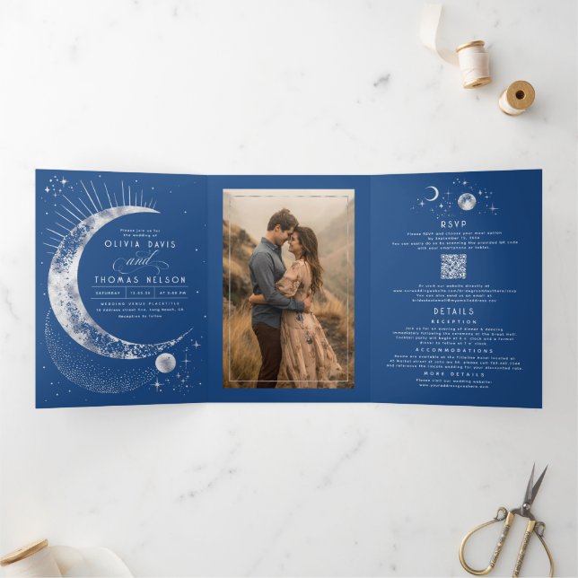 Crescent Moon Sun Halo Celestial Wedding Photo Tri-Fold Invitation (Inside)