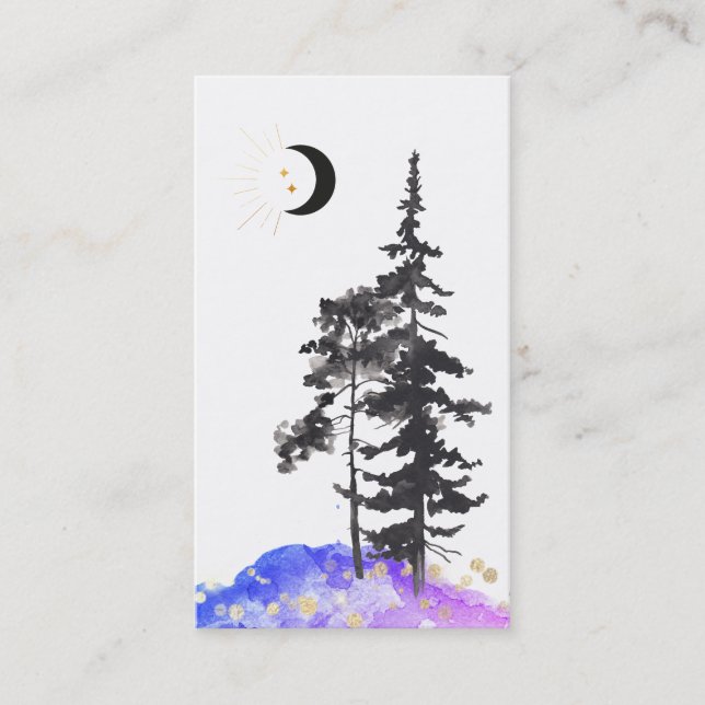 *~*  Crescent Moon Trees Gold Stars Glitter Blue Business Card (Front)