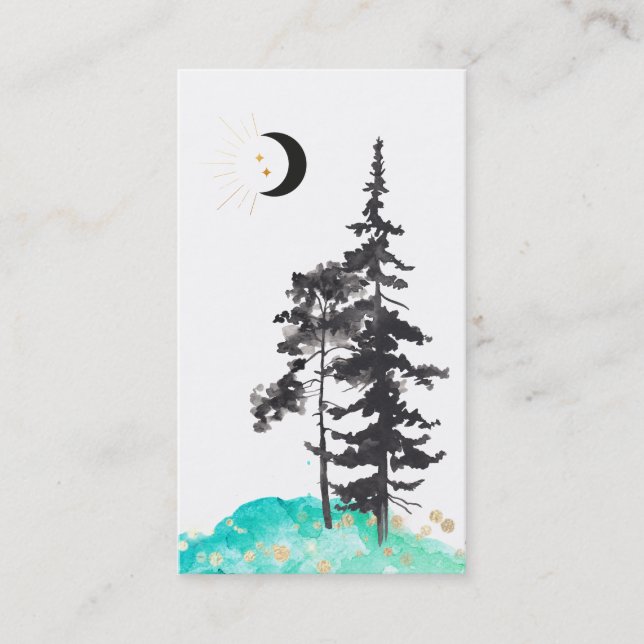 *~*  Crescent Moon Trees Gold Stars Glitter  Mint Business Card (Front)