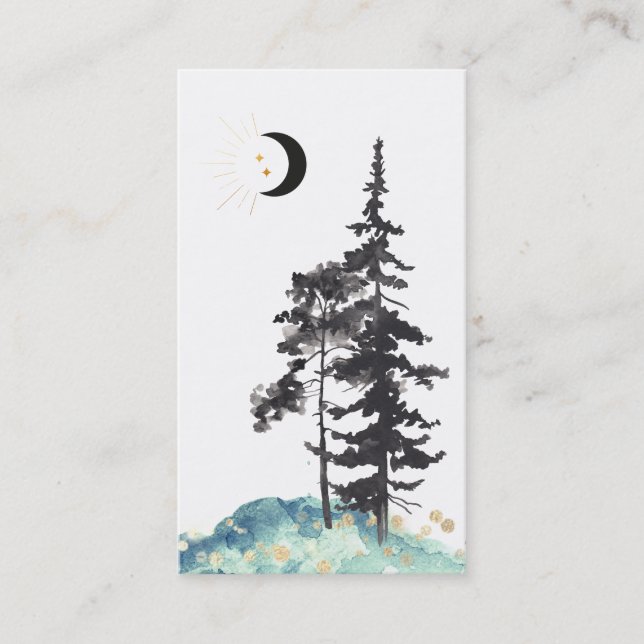 *~*  Crescent Moon Trees Pine Gold Stars Glitter Business Card (Front)