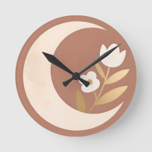 Crescent Moon Tulip Floral Minimal Round Clock