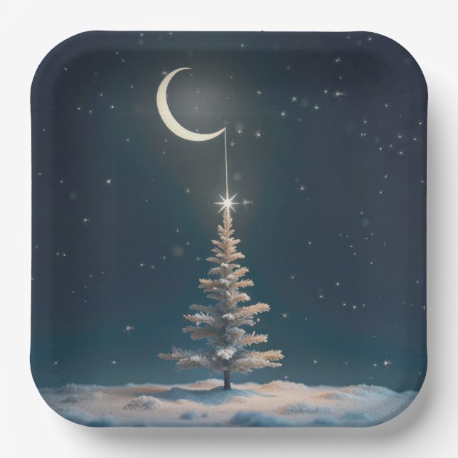 Crescent Moon With a Christmas Star Paper Plate (Front)