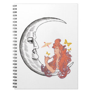 Crescent Moon with face + Alphonse Mucha's vintage Notebook