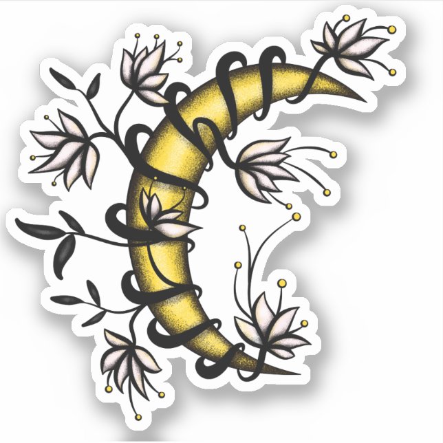 Crescent Moon Wrapped In Flowers Tattoo Style (Front)