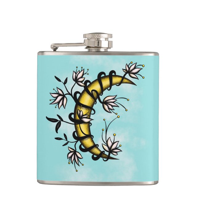 Crescent Moon Wrapped In Flowers Tattoo Style Hip Flask (Front)