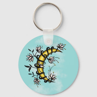 Crescent Moon Wrapped In Flowers Tattoo Style Key Ring