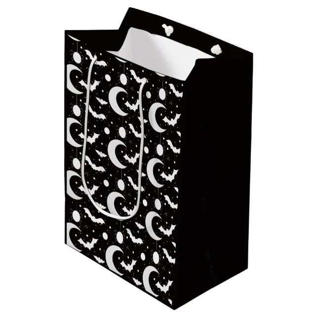 Crescent Moons, Spiders and Bats Black Halloween Medium Gift Bag (Front Angled)