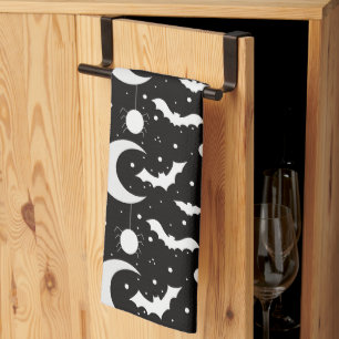 Crescent Moons, Spiders and Bats Black Halloween Tea Towel