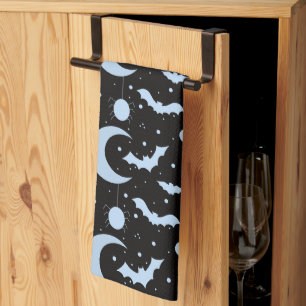 Crescent Moons, Spiders and Bats Black Halloween Tea Towel