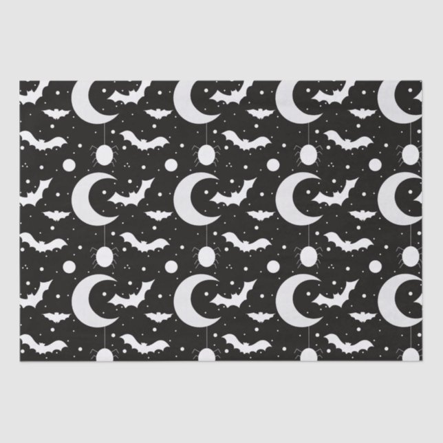 Crescent Moons, Spiders and Bats Black Halloween Tissue Paper (Front)