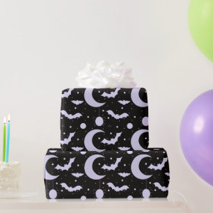 Crescent Moons, Spiders and Bats Black Halloween Wrapping Paper