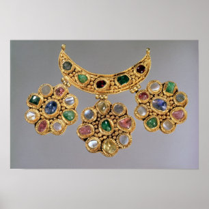 Crescent shaped necklace with pendants poster