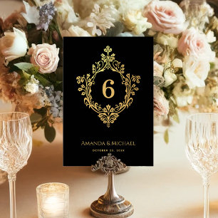 Crest Black Elegant Vintage Faux Gold Foil Wedding Table Number