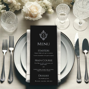 Crest Black Elegant Vintage Grey Monogram Wedding  Menu