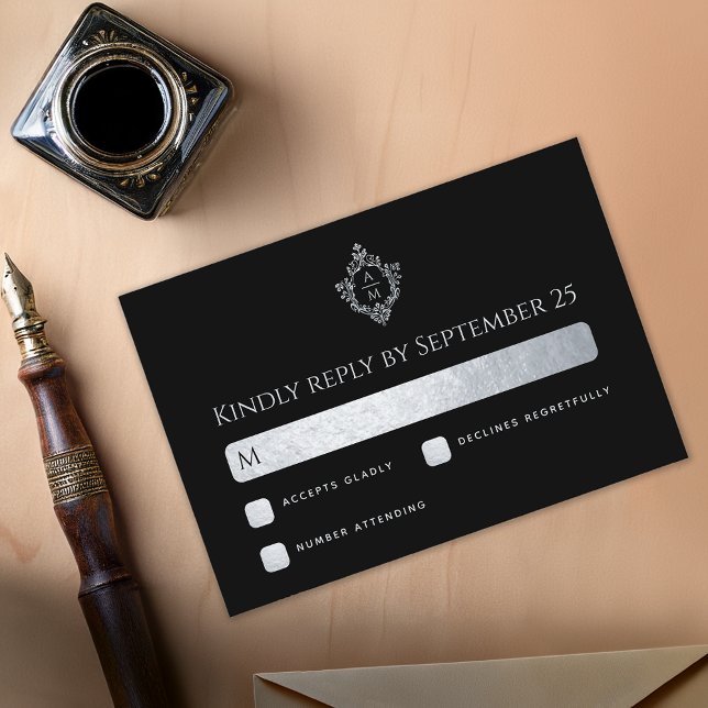 Crest Black Faux Silver Wedding Monogram Elegant   RSVP Card (Creator Uploaded)
