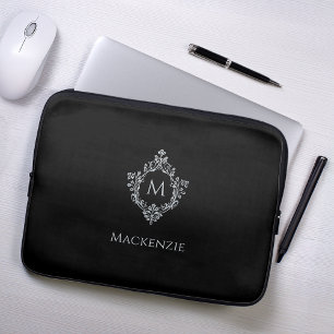 Crest Black Grey Monogram Name Vintage Monochrome Laptop Sleeve