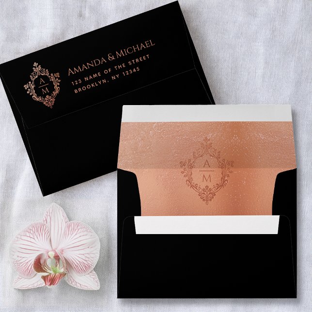 Crest Black Pink Elegant Vintage Monogram Wedding Envelope (Creator Uploaded)