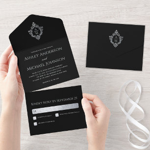 Crest Black Vintage Wedding Monogram and RSVP All In One Invitation