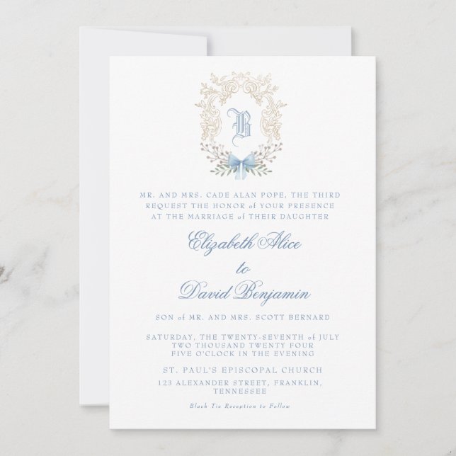Crest Blue Initial Wedding Invitation (Front)