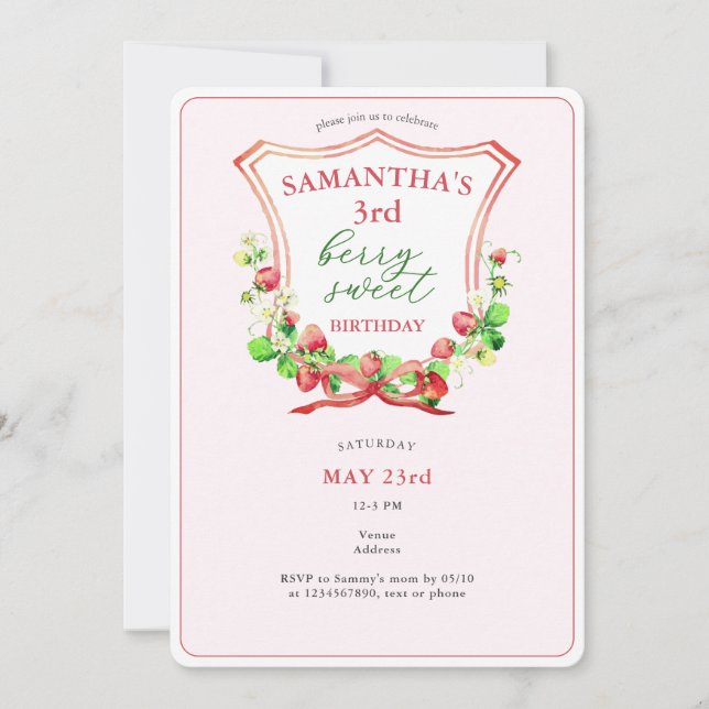 Crest Bow Berry Sweet Watercolor Any Age Birthday Invitation (Front)
