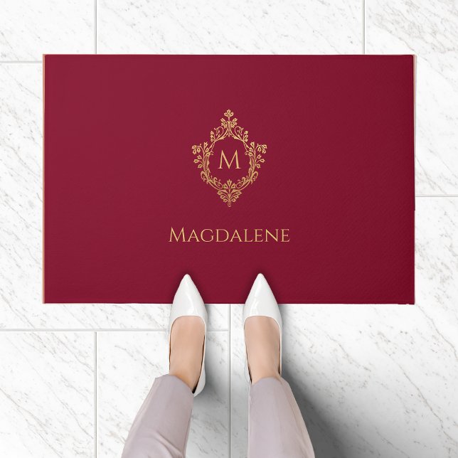 Crest Burgundy Faux Gold Elegant Monogram Name Doormat (Creator Uploaded)