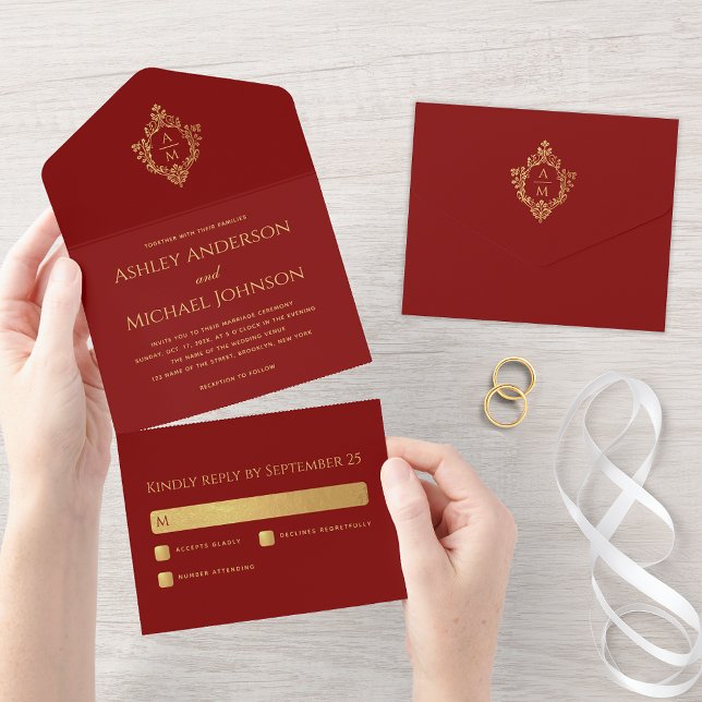 Crest Burgundy Faux Gold Elegant Wedding Monogram All In One Invitation (Creator Uploaded)