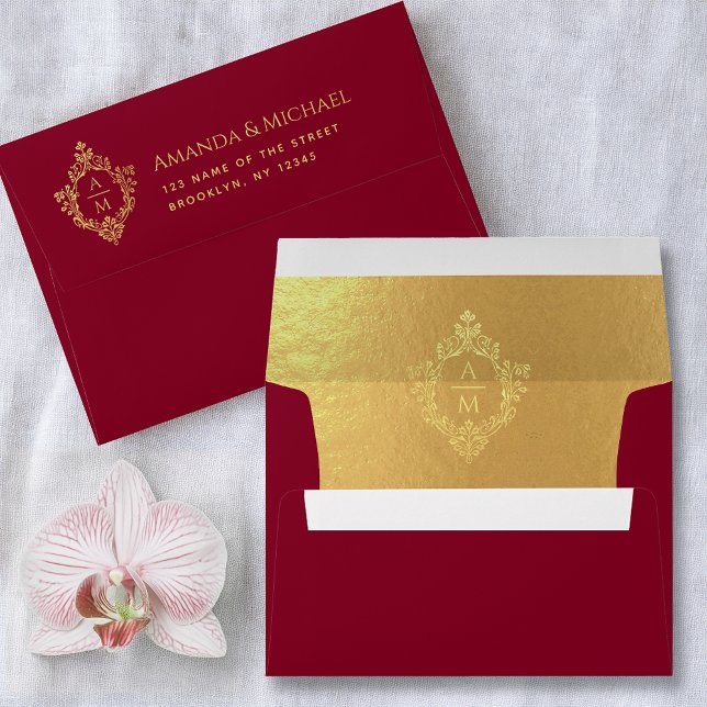 Crest Burgundy Faux Gold Elegant Wedding Monogram  Envelope (Creator Uploaded)