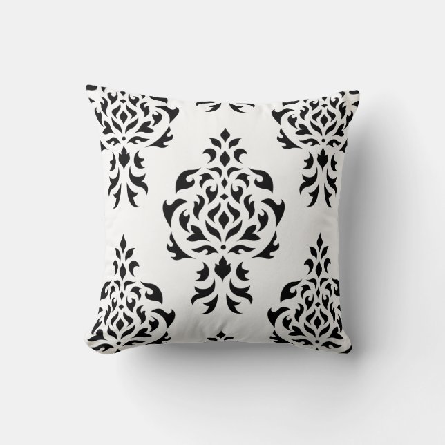 Crest Damask Pattern – Black on White Cushion (Front)