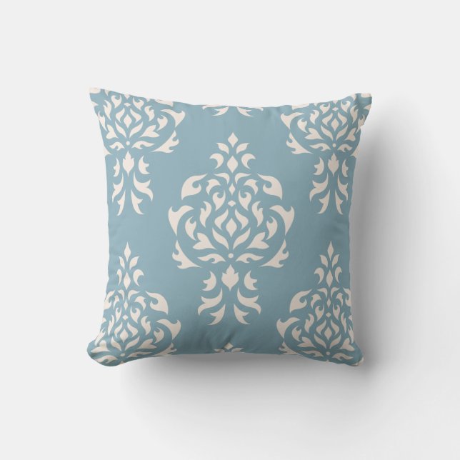 Crest Damask Pattern – Cream on Blue Cushion (Front)
