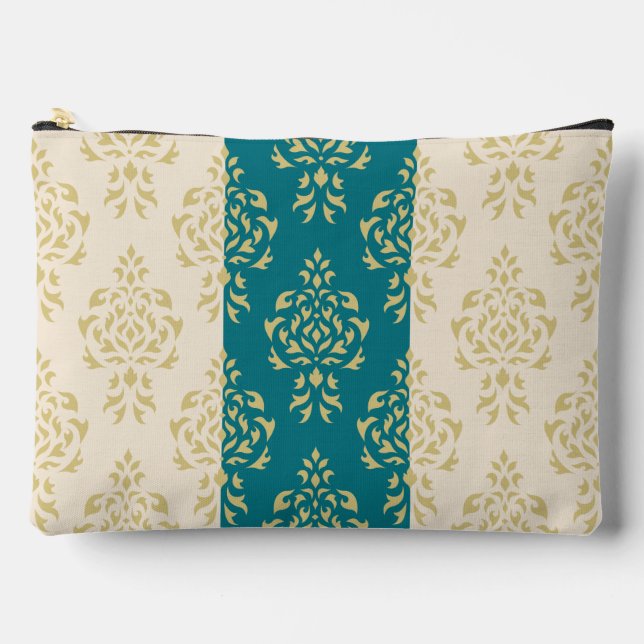 Crest Damask Pattern – Gold on Teal & Cream Accessory Pouch (Front)