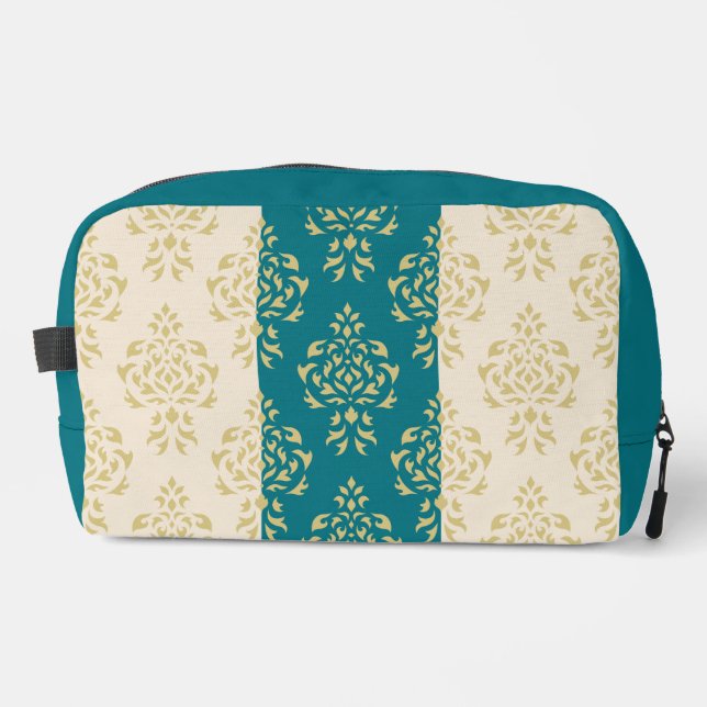 Crest Damask Pattern – Gold on Teal & Cream Dopp Kit (Front)