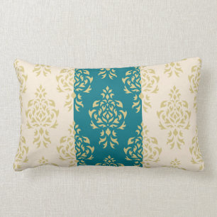 Crest Damask Pattern – Gold on Teal & Cream Lumbar Cushion