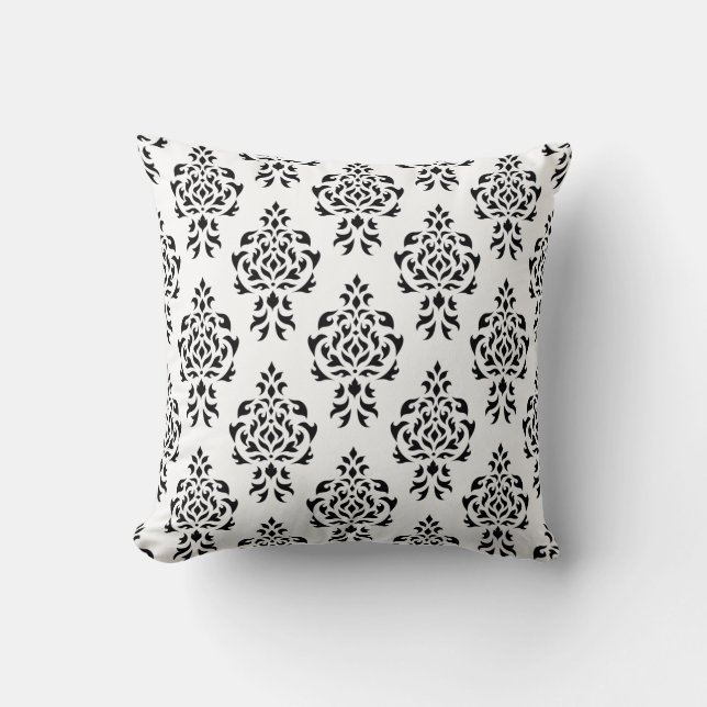 Crest Damask Repeat Pattern – Black on White Cushion (Front)