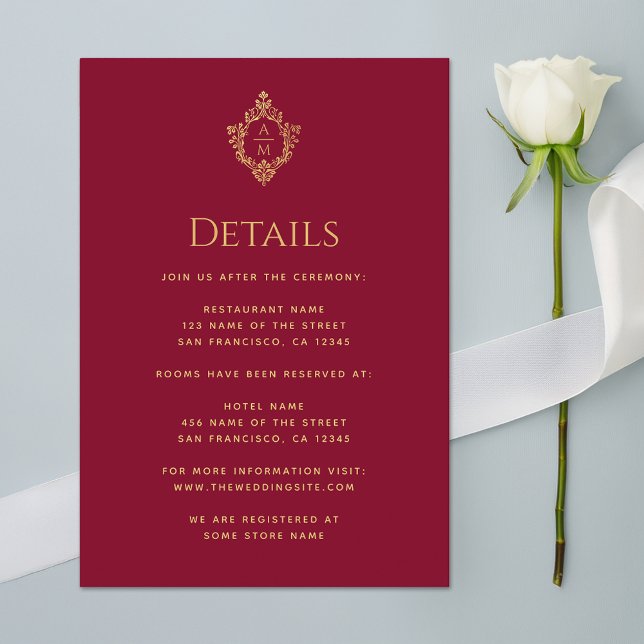 Crest Details Burgundy Wedding Monogram Faux Gold Enclosure Card (Creator Uploaded)
