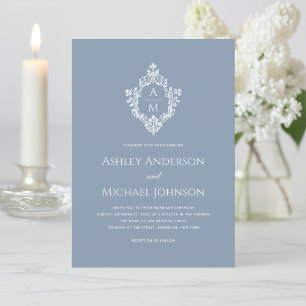 Crest Dusty Blue Elegant Monogram Formal Wedding Invitation