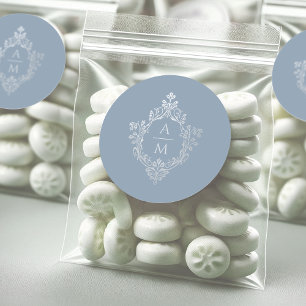 Crest Dusty Blue Monogram Vintage Faux Silver  Classic Round Sticker