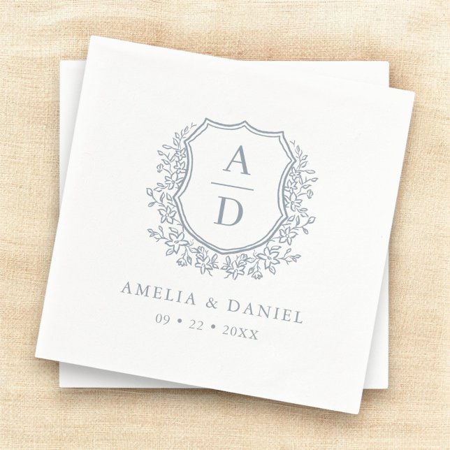 Crest Dusty Blue Monogram Wedding Elegant Napkin (Creator Uploaded)