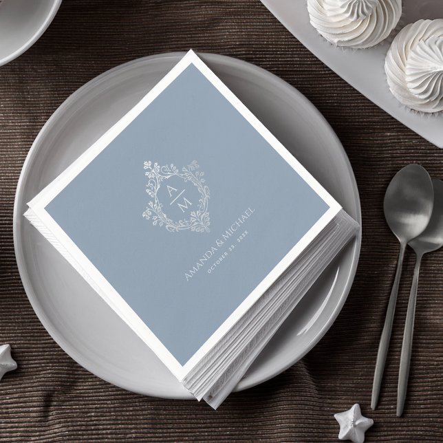 Crest Dusty Blue Wedding Monogram Elegant Vintage  Napkin (Creator Uploaded)