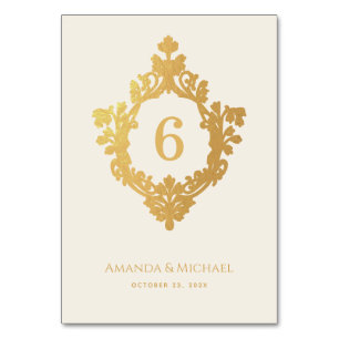 Crest Faux Gold Foil Ivory Elegant Vintage Wedding Table Number