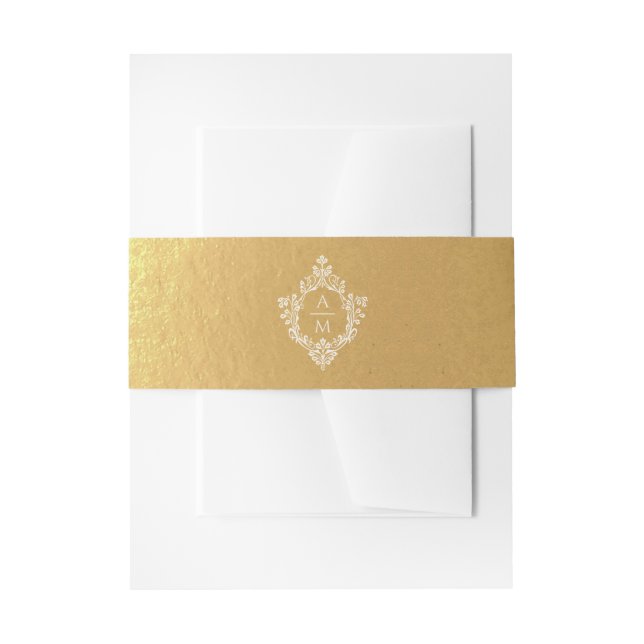 Crest Faux Gold Foil Ivory Wedding Monogram  Invitation Belly Band (Front Example)