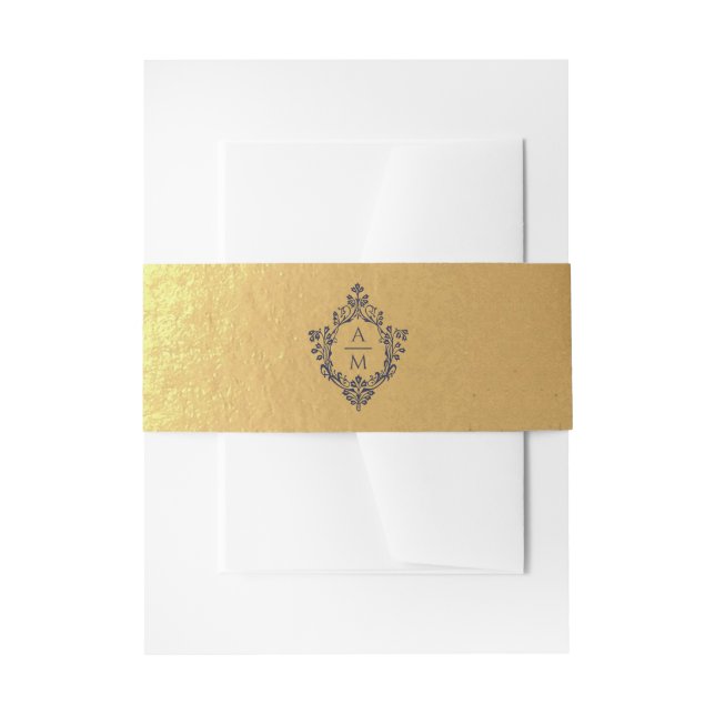 Crest Faux Gold Foil Navy Blue Monogram Luxury Invitation Belly Band (Front Example)