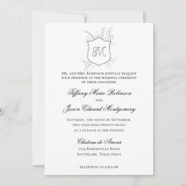 Crest Foliage Modern Classic Black White Wedding Invitation (Front)