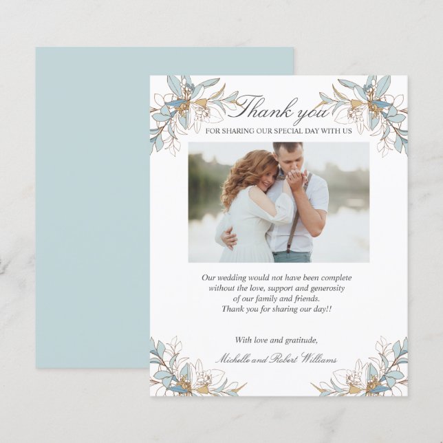 Crest Gold and blue floral Wedding Photo THANK YOU (Front/Back)