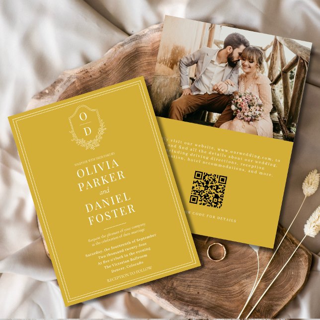 Crest Gold Champagne QR Code Photo Wedding Invitation (Creator Uploaded)
