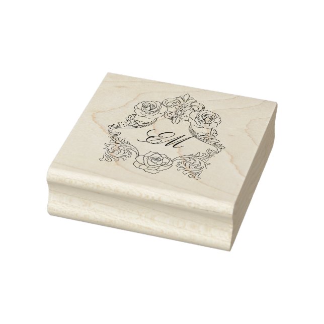 Crest Monogram Baroque Botanical Wedding Logo Rubber Stamp (Stamp)