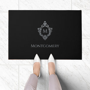 Crest Monogram Black Elegant Vintage Faux Silver Doormat
