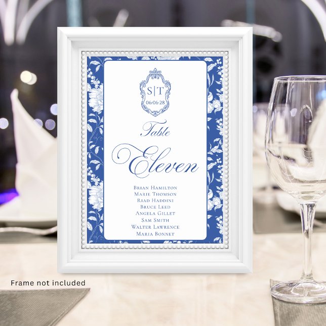 Crest Monogram Blue Floral Script Eleven 8 Names Table Number (Creator Uploaded)