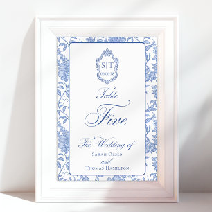 Crest Monogram Blue Floral Script Five Table Number